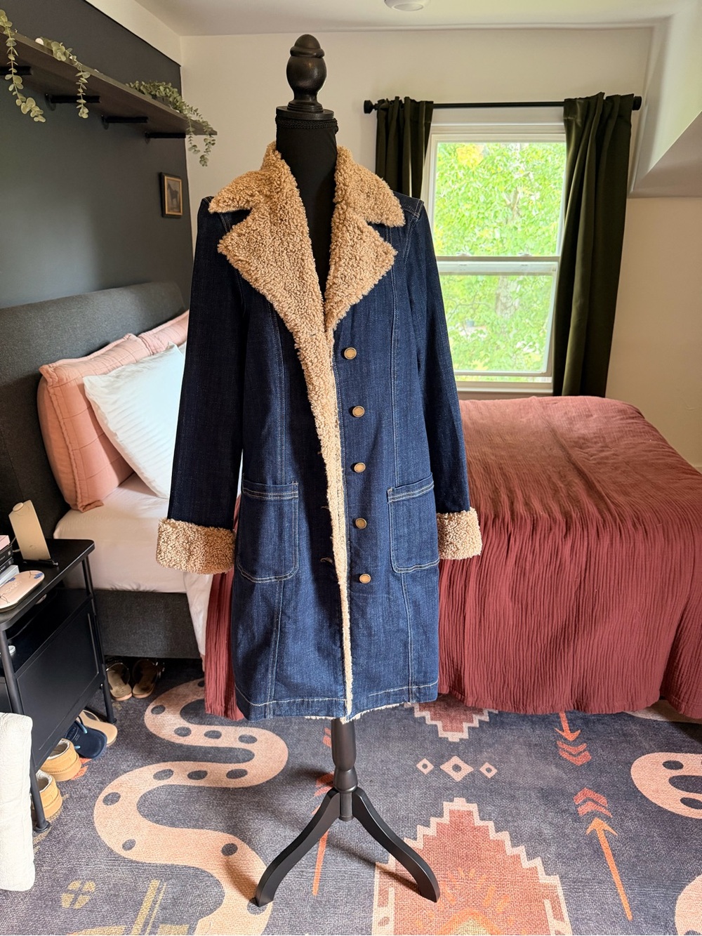 Liverpool Dark Blue Denim Sherpa Coat with Tan Lining